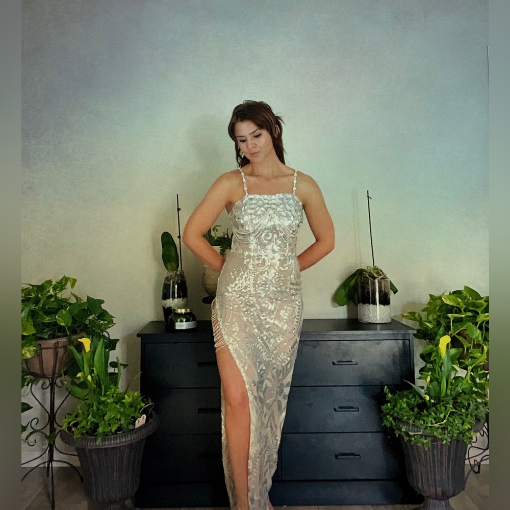 Prom Girl | Silver Rhinestone Embellished High Leg Slit Prom Dress Evening Gown - Picture 16 of 16